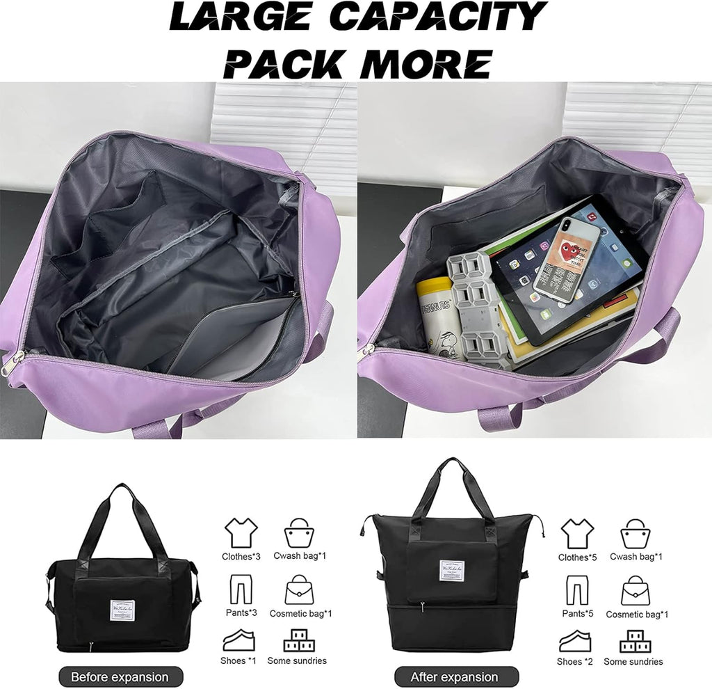 Large Capacity Folding Travel Bag Travel Lightweight Waterproof Carry on Luggage Bags with Fixed Strap Dry and Wet Separation Foldable Travel Duffel Bag for Foldable Bag (Purple)