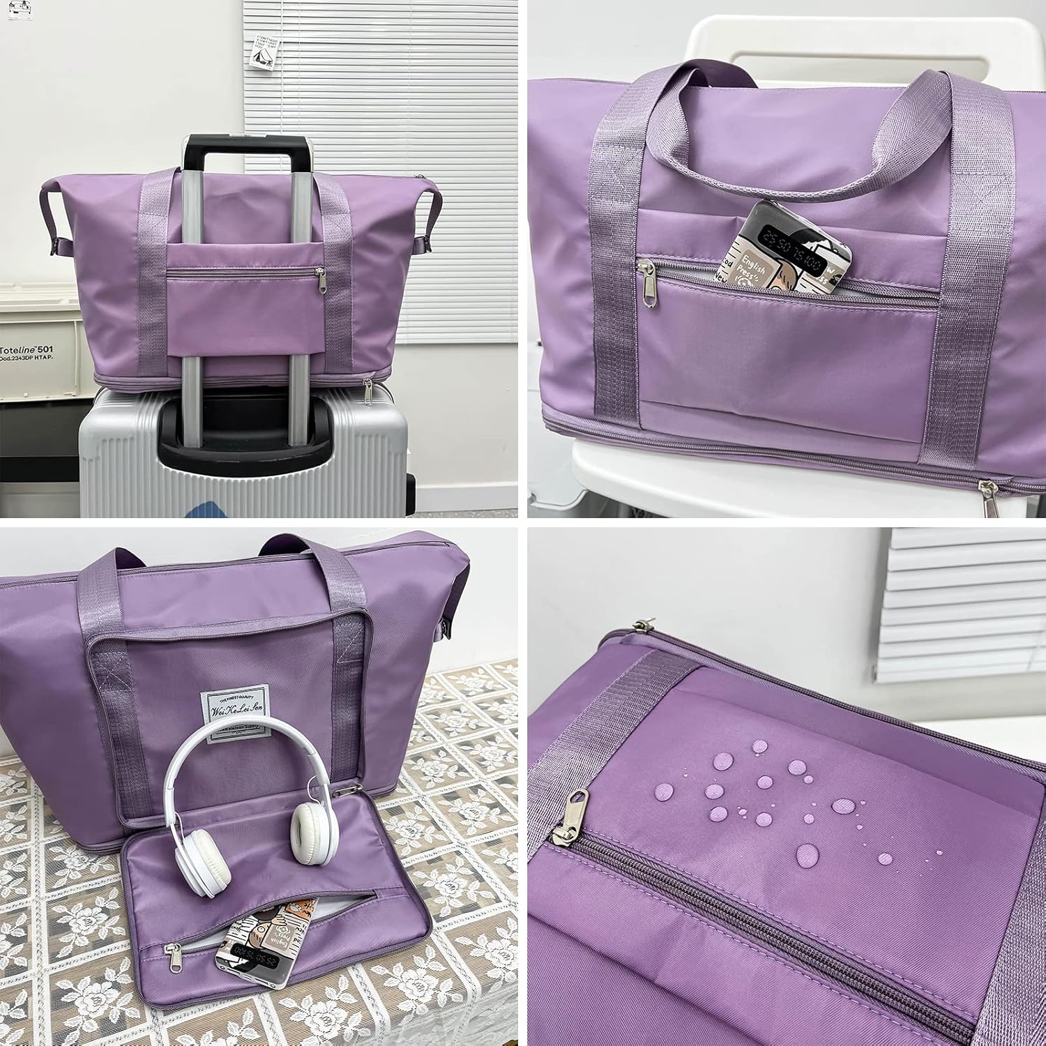 Large Capacity Folding Travel Bag Travel Lightweight Waterproof Carry on Luggage Bags with Fixed Strap Dry and Wet Separation Foldable Travel Duffel Bag for Foldable Bag (Purple)