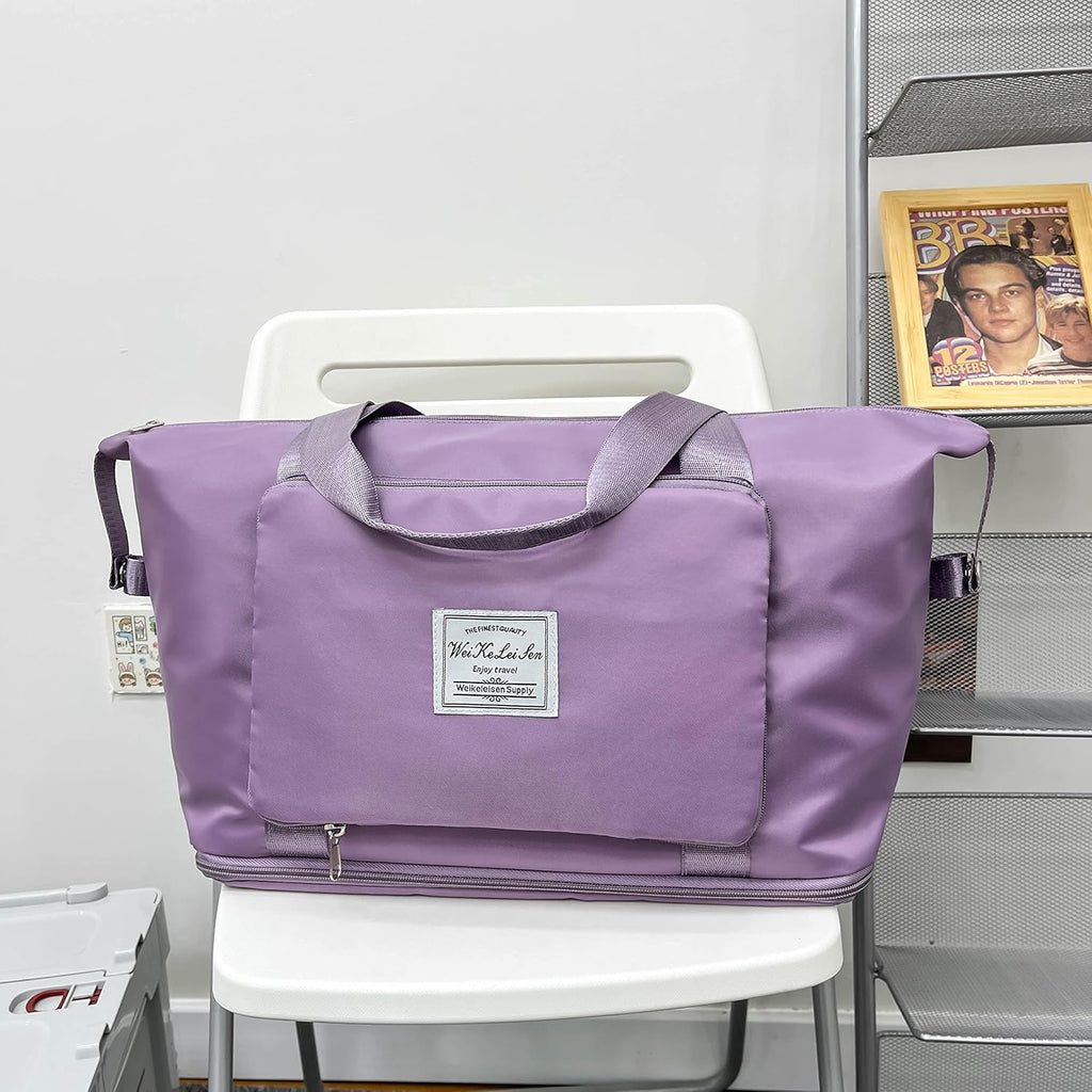 Large Capacity Folding Travel Bag Travel Lightweight Waterproof Carry on Luggage Bags with Fixed Strap Dry and Wet Separation Foldable Travel Duffel Bag for Foldable Bag (Purple)